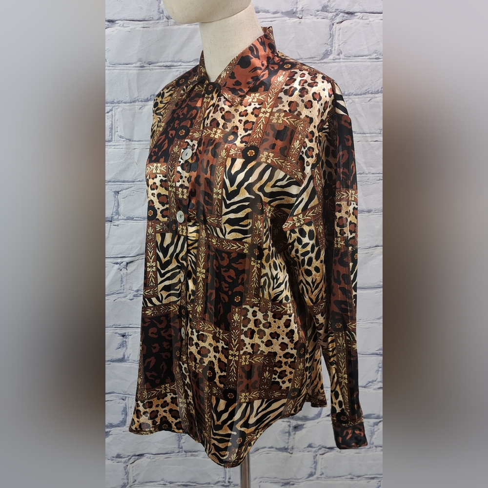 Impressions of California Vintage Blouse Animal Cheetah Leopard Floral Large